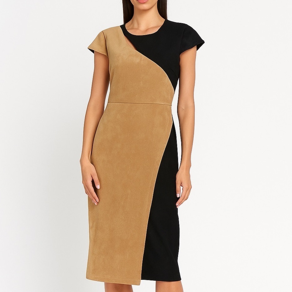 New York & Company Tan Black Color Block Faux Suede Pencil Career Dress Size XXL